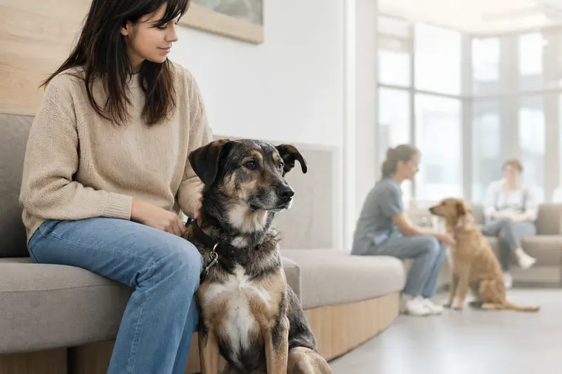 Ein Great Japanese Dog sitzt ruhig neben seinem Besitzer im hellen Wartezimmer einer modernen Tierarztpraxis.